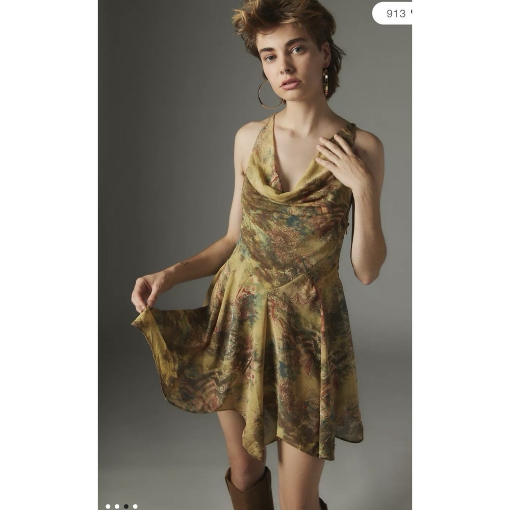 Silence + Noise Urban Outfitters Marie Printed Cowl Neck Mini Dress SP